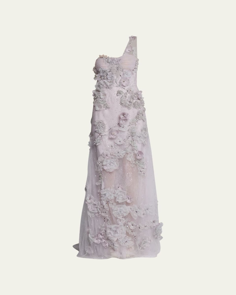 Floral Organza One-Shoulder Illusion Tulle Gown